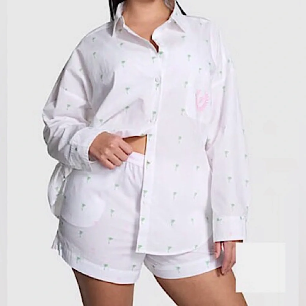 Victoria’s Secret PINK Palm Tree Print Button Down Long Sleeve & Shorts Pajamas